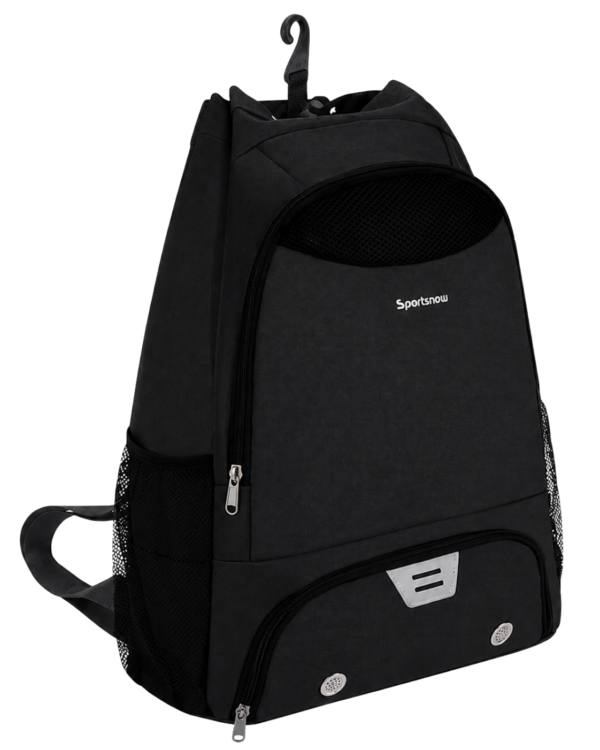 Premium basketball backpack closed front view with ventilated basketball holder and side storage pockets