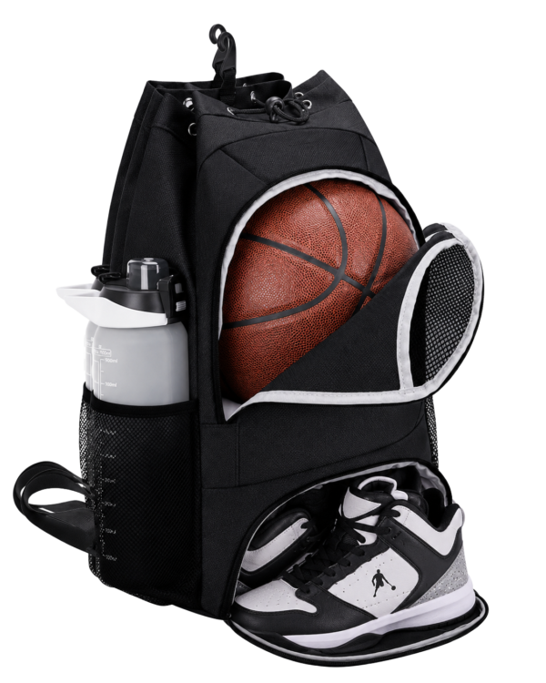 Premium basketball backpack open to show storage compartments, basketball holder and separate shoe pocket