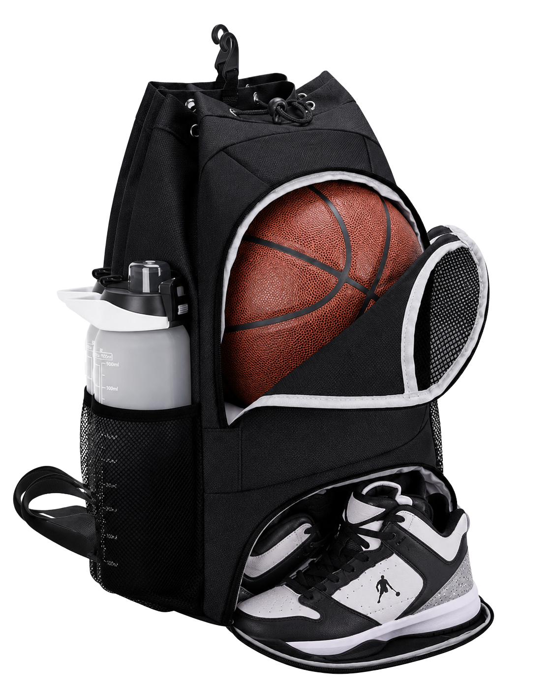 Premium basketball backpack open to show storage compartments, basketball holder and separate shoe pocket